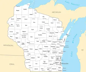 Map of Wisconsin WI - County Map with selected Cities and Towns - Peel and Stick Wall Decal