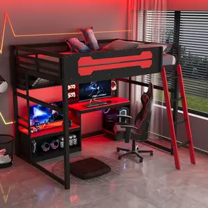 Full Size Loft Bed with Desk, Shelves, LED Lights, USB Ports and Pegboard, Solid Wood Loft Bed Frame for Tens Adults