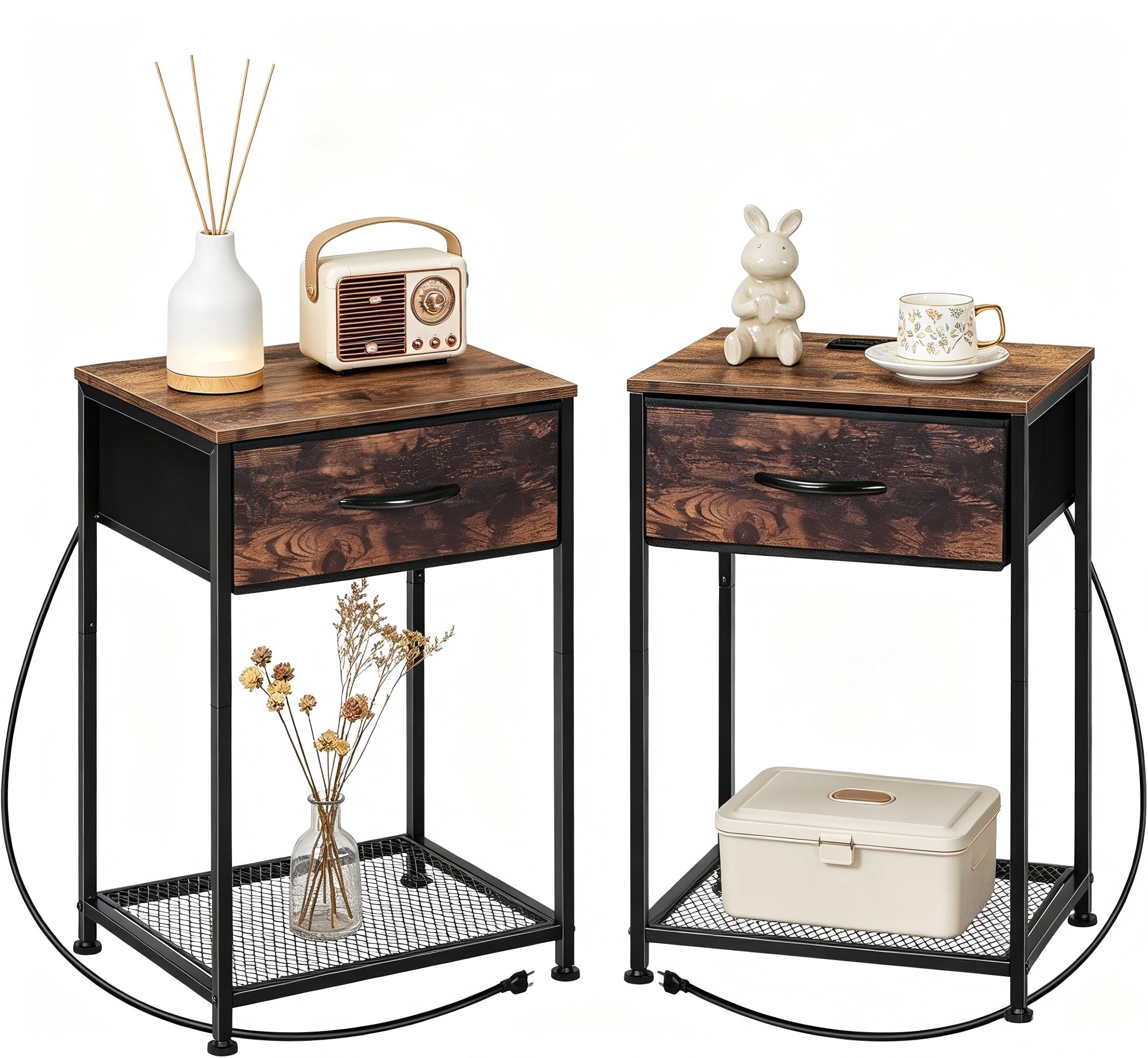 2-Piece Farmhouse Industrial Rustic Brown Bedroom End Tables with Charging Station, Fabric Drawers, 3-Tier Storage Table - Stable on Space-Saving Home Organizer for Bedroom, Apartment Decor