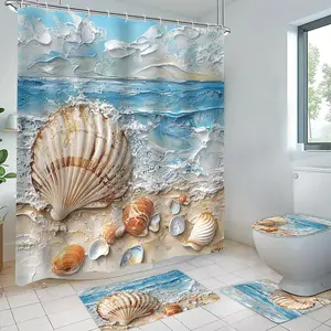 Shell & Sea Pattern Bathroom Decor Set, Including Shower Curtain & Toilet U-shape Mat & Bathroom Mat & Toilet Lid Cover, Bathroom Accessories for Home Decor