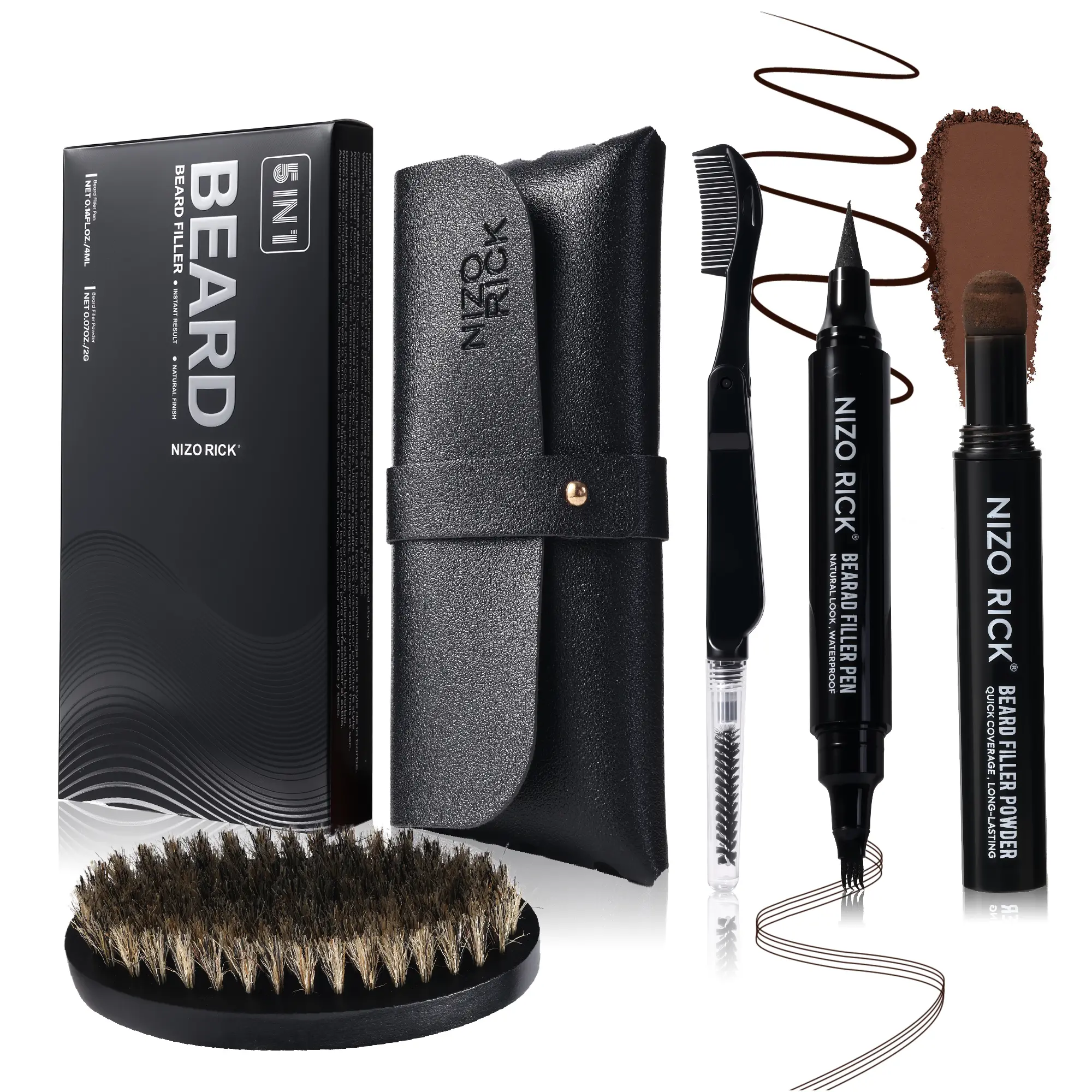 Beard Pencil Kit for Men, 5 in 1 Waterproof Beard Filler Pen Set with Brush, Long-Lasting Dual Tip Filling and Shaping Tools for Hairline, Mustache & Patchy Beard