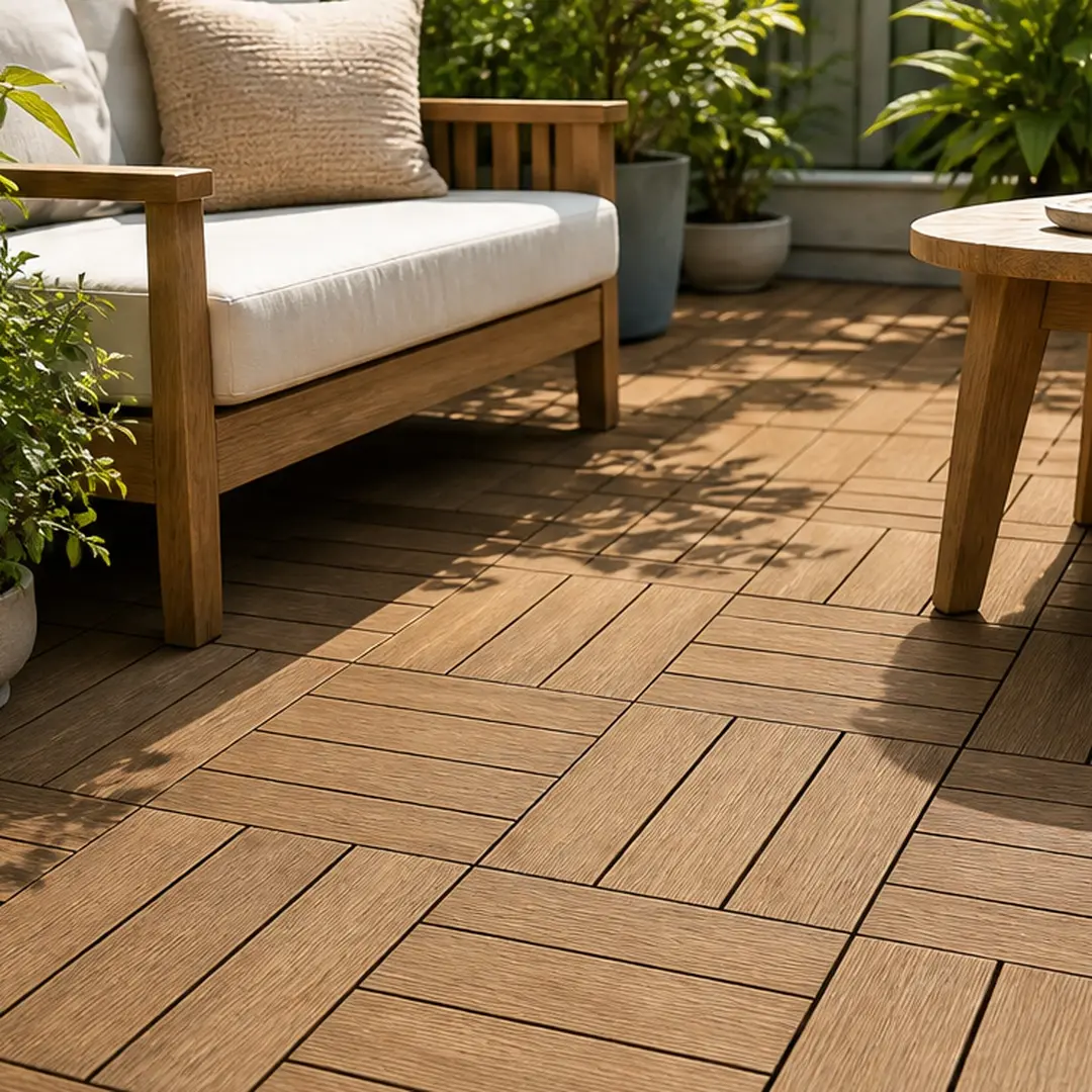 ARCH WPC Wood-Plastic Composite Interlocking Wood Look Patio Deck Tiles, 11.8"x11.8" Oak, 11-Pack DIY Quick Flooring, Water-Resistant, Easy-Install, All-Weather, High Weight-Bearing, Low-Maintenance for Indoor-Outdoor Use, Wood Look Tiles