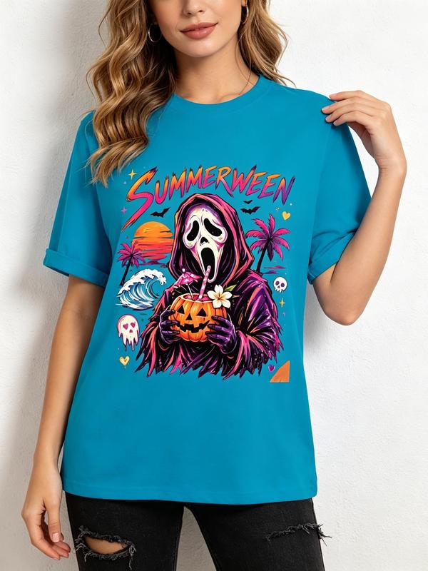 Women's Tailored Short Sleeve Pure Cotton Boho Cute Spooky Print T-Shirt - 80s Halloween Summerween Vintage Slasher Aesthetic Crew Neck Lightweight Casual Beach Top