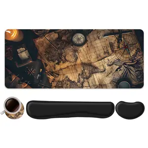 4pcs Vintage World Map Design Mouse Pad + Keyboard Wrist Rest + Ergonomic Mouse Pad + Coaster Set For Desktop Decoration, Office Accessories Set Ergonomic Wrist Support, Computer Mat Mouse Pad Coaster Suitable For Home Office Gaming, Gaming Accessory