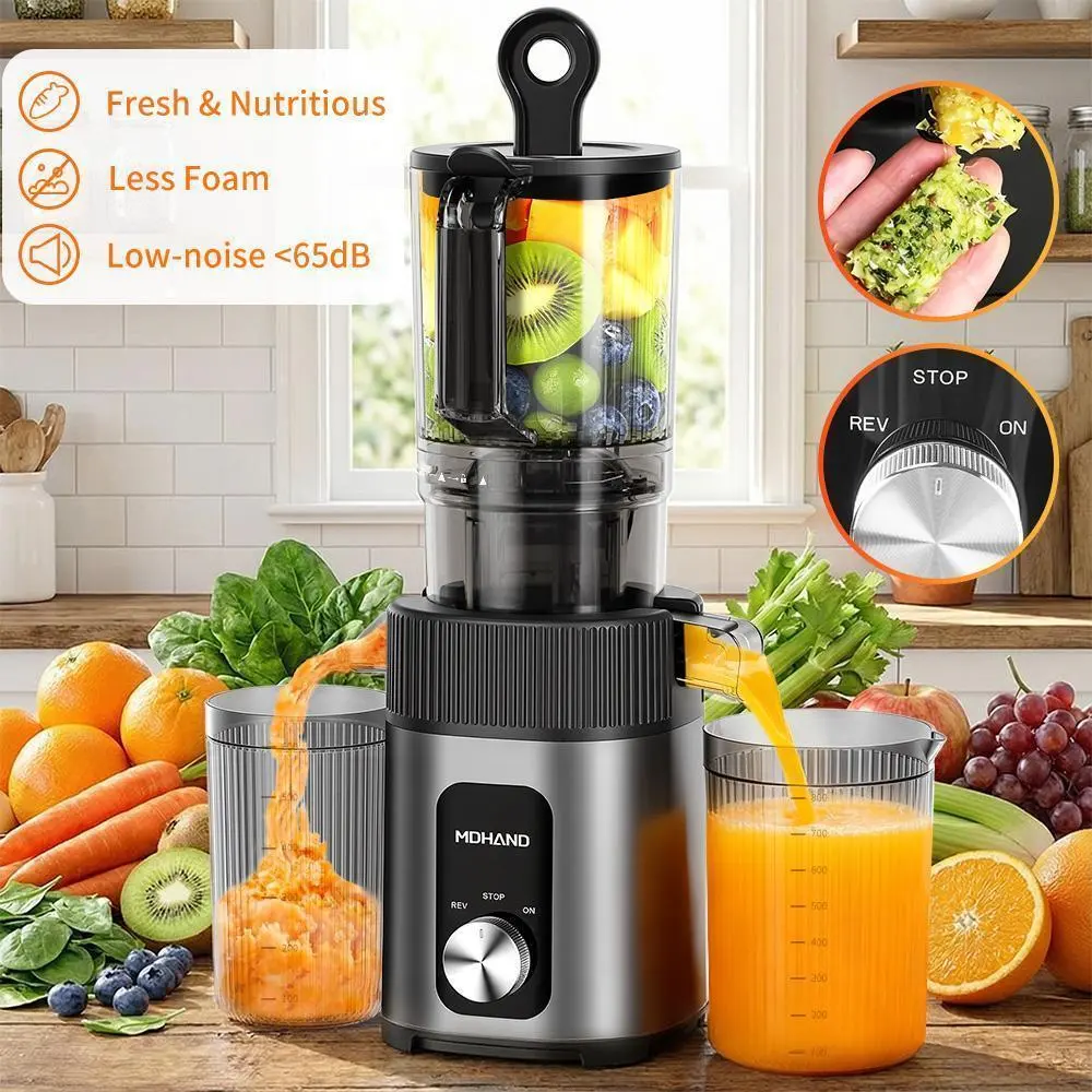 Cold Press Juicer - Juicer Machines, 200W Juicer with 112mm Large Feed Chute, 60 RPM, Reverse Function, Easy to Clean, Stainless Steel Housing
