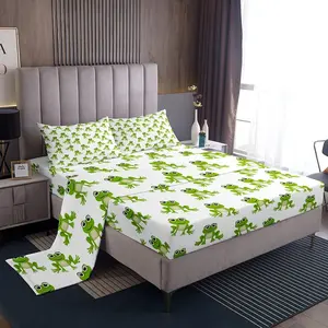 Feelyou Cute Frog Pattern Bed Sheet Set - Green Wild Animal Decor, Easy Care Fabric, Kawaii Luxury Home Bedding
