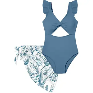 Girls One Piece Swimsuit Cut Out Ruffle Bathing Suit Twist V Neck Swimwear Solid Color with Cover Up Skirt 7-18T