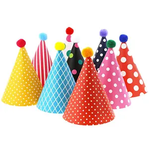 Party Hats for Kids Birthday Hats, DIY Mini Cone and Crown Set with Pom Poms, Small Paper Caps for Stuffed Animals, Pets or Toddler Decorations, Assorted Rainbow Colors