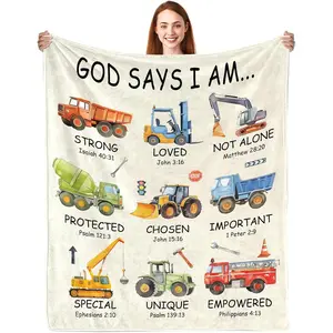 Christian Gifts for Boys/Girls/Teachers, God Says I Am Construction Truck/Bow/Game Blanket , Inspirational Religious Birthday Gifts for Truck Lover Bible Verse Blanket, Construction truck gifts, Christian truck Gifts