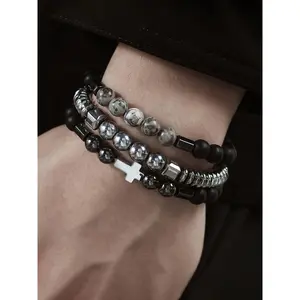 Men's Fashion High-End Cross Beaded Bracelet Set, Innovative Gift Jewelry for Men, Trendy Accessory to Elevate Your Style, Crystal Bracelets, Stackable Bracelet, Cross Beads Bracelet