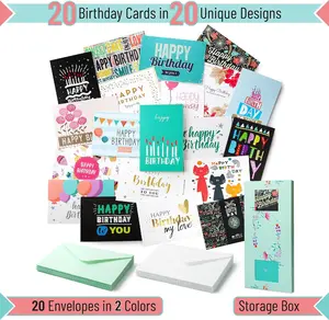 Assorted Color Birthday Cards, 20 Pack, 4 x 6 Inches, Blank Inside, Includes Envelopes