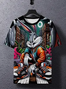 Summer Fashion Short Sleeve T-Shirt, Comfortable Breathable Fabric, Men's Fitted Style, American Retro, Daily Wear, Cartoon Rabbit Print
