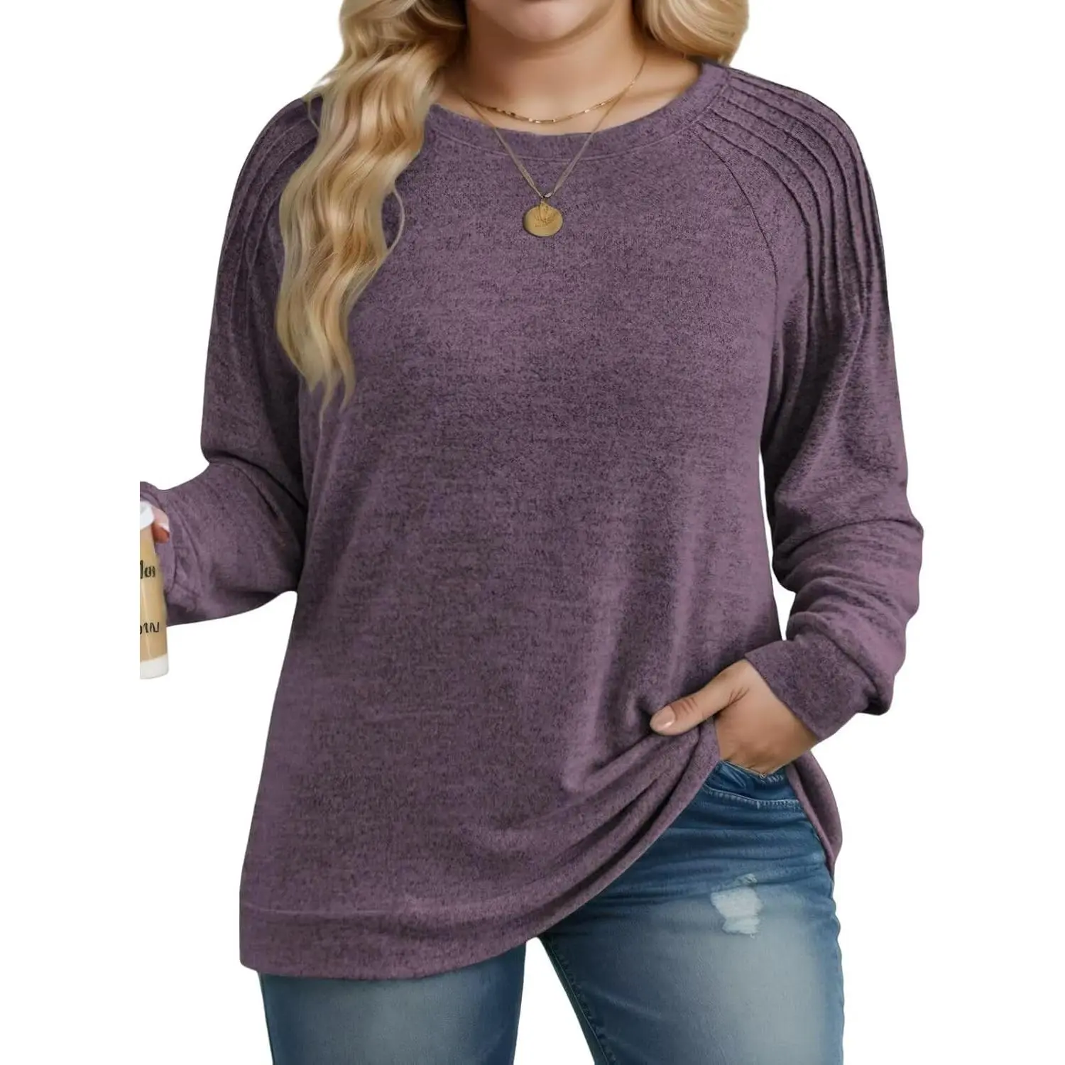 Women's Plus Size Tunic Sweatshirt, Dressy Pullover with Pleated Long Sleeves, Casual Oversized Crewneck Top for Leggings, Clothes, DPS1131, Style, Hip, Comfortable, Longsleeves, Basic