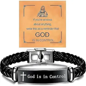 Serelune B Father's Day Gift God is in Control Bracelet for Men, Inspirational Braided Leather God Cross Engraved Bar Bracelets Stainless Steel Motivational Encouragement Jewelry Gift for Dad Son Easter Birthday