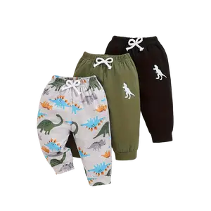 Baby Boys' Dinosaur Print Knit Fabric 3-Piece Pants Set, Elastic Waist Drawstring Casual Playful Bottoms for Fall Outdoor Play (Light Blue, Black, Green), Casual Boys' Bottoms