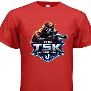 TSK Sniper King T-Shirt - Red Crew Neck Short Sleeve with Graphic Design, Casual Style, Perfect for Daily Wear