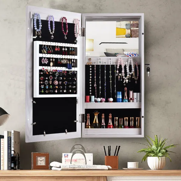 Jewelry Armoire with Photo Frame,  Damp-proof Storage Jewelry Cabinet Organizer, PVC Wood Grain Coating Jewelry Cabinet Armoire Wall Mount (White)