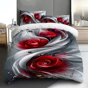 Three-piece bedding set - 2pcs/3pcs 2D Flat silver, white, and red rose abstract pattern duvet cover set (1 duvet cover + 1/2 pillowcases, no insert), multi-color printed bedding set, soft and comfortable, suitable for family bedrooms and guest rooms.