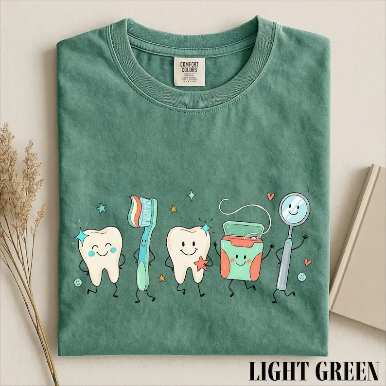 Comfort Colors Dental Cartoon T‑Shirt, Funny Teeth Characters Apparel, Healthcare Outfit, Professional Style for Dentists and Dental Enthusiasts