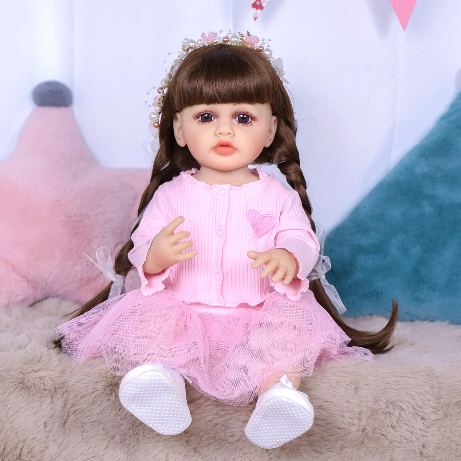 KEIUMI Realistic Full Body Silicone Casting Doll - 22in Gorgeous Lifelike Realistic Soft Baby Girl Doll, Light Brown Hair, Acrylic Eyes, Pink Heart Princess Dress Set with Shoes & Accessories, Birthday/Christmas Gift for Girls 3+, Gorgeous Doll, Lifelike