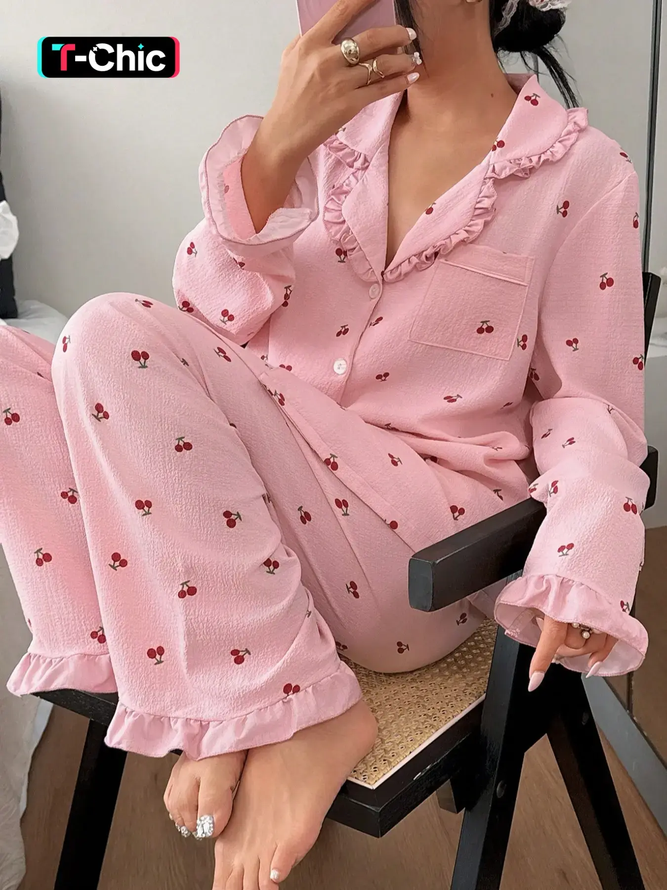 Women's Sleepwear Loungewear Set, Cherry Print Ruffle Long Sleeve Pajamas, Open Front Collar Comfortable Nightwear, Soft Button-Up Top & Elastic Waist Pants, Comfy Pajamas