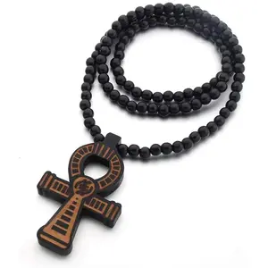 African Egyptian Ankh Cross Pendant Handmade Wooden Beads Protection Coptic Ankh Necklace Religious Hip Hop Jewelry for Men Women