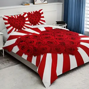 3pcs Heart Rose Floral Quilt Set (1 Quilt + 2 Pillowcases No Pillows), Home Dorm High Definition Print Bedding