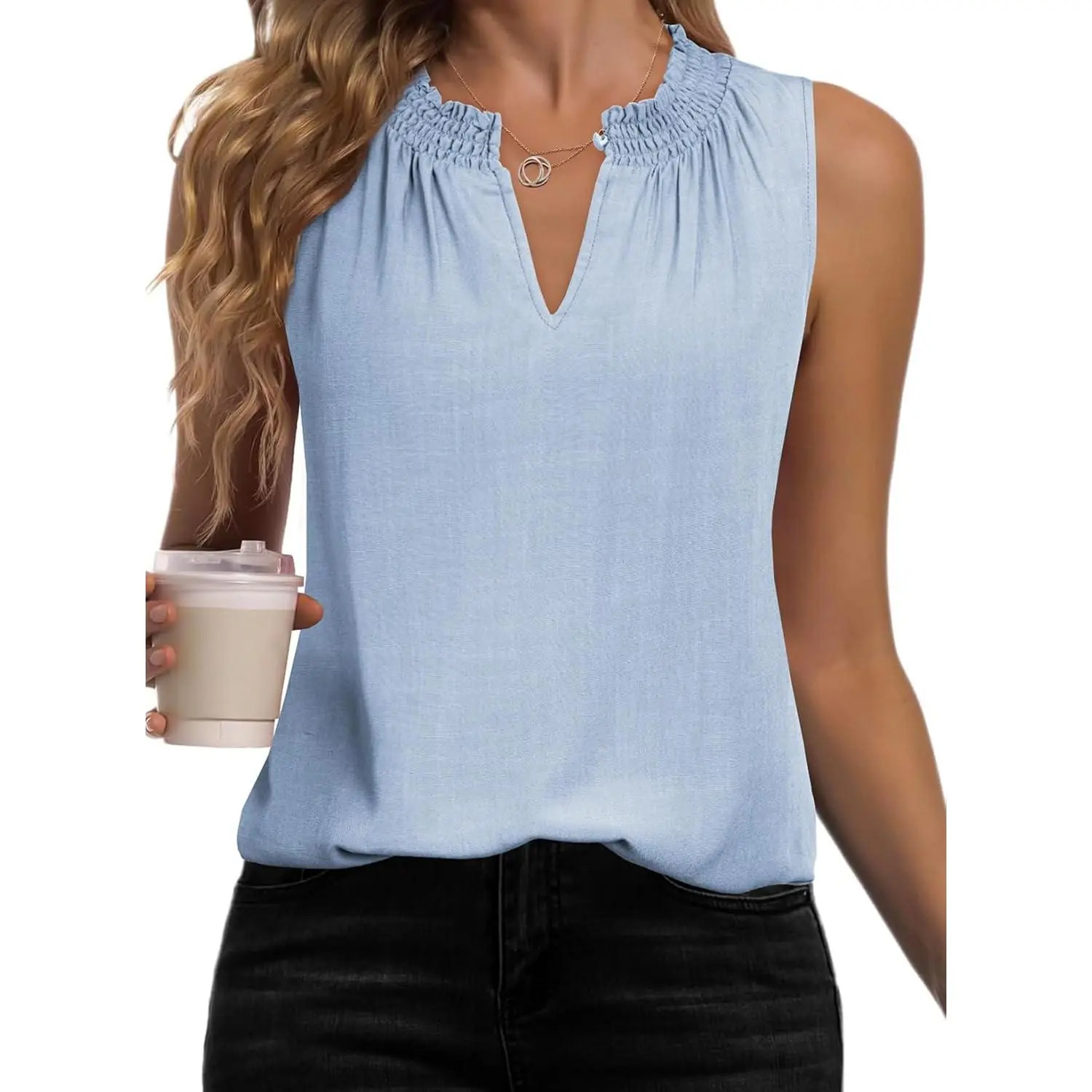 Women's Light Chiffon Loose Casual Smocked V-Neck Sleeveless Tank Top, Sports & Outdoor Basic Women's Tops and Blouses, Work