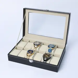 6/10/12-grid Leather Watch Box, Display Storage Box with Framed Glass Lid | Removable Soft Cushion, Elegant Contrast Design | Unisex Watch and Jewelry Storage, Jewelry Box