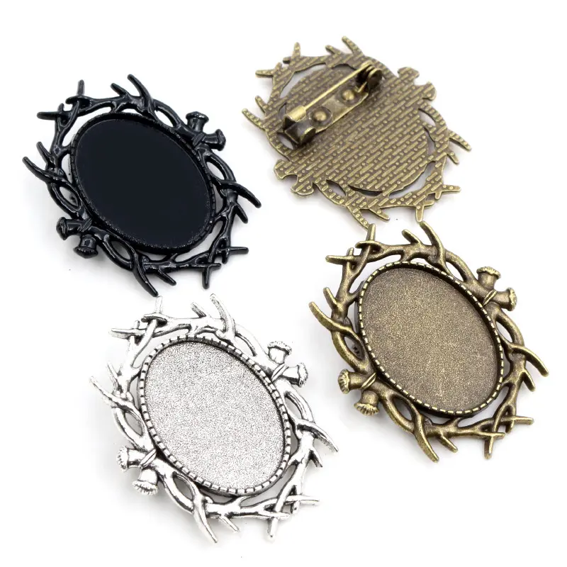 5pcs 18x25mm Inner Size Antique Silver Colors Bronze Plated Black Brooch Pin Classic Style Cameo Cabochon Base Setting