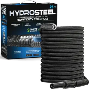 Hydrosteel Heavy Duty 3-Layer Garden Hose with Nozzle, Stainless Steel, Kink Resistant, Flexible 500 PSI Water Hose 50 ft., 100 ft. Hydrosteel Heavy Duty 3-Layer Garden Hose with Nozzle, Stainless Steel, Kink Resistant, Flexible 500 PSI Water Hose 50 ft., 100 ft.