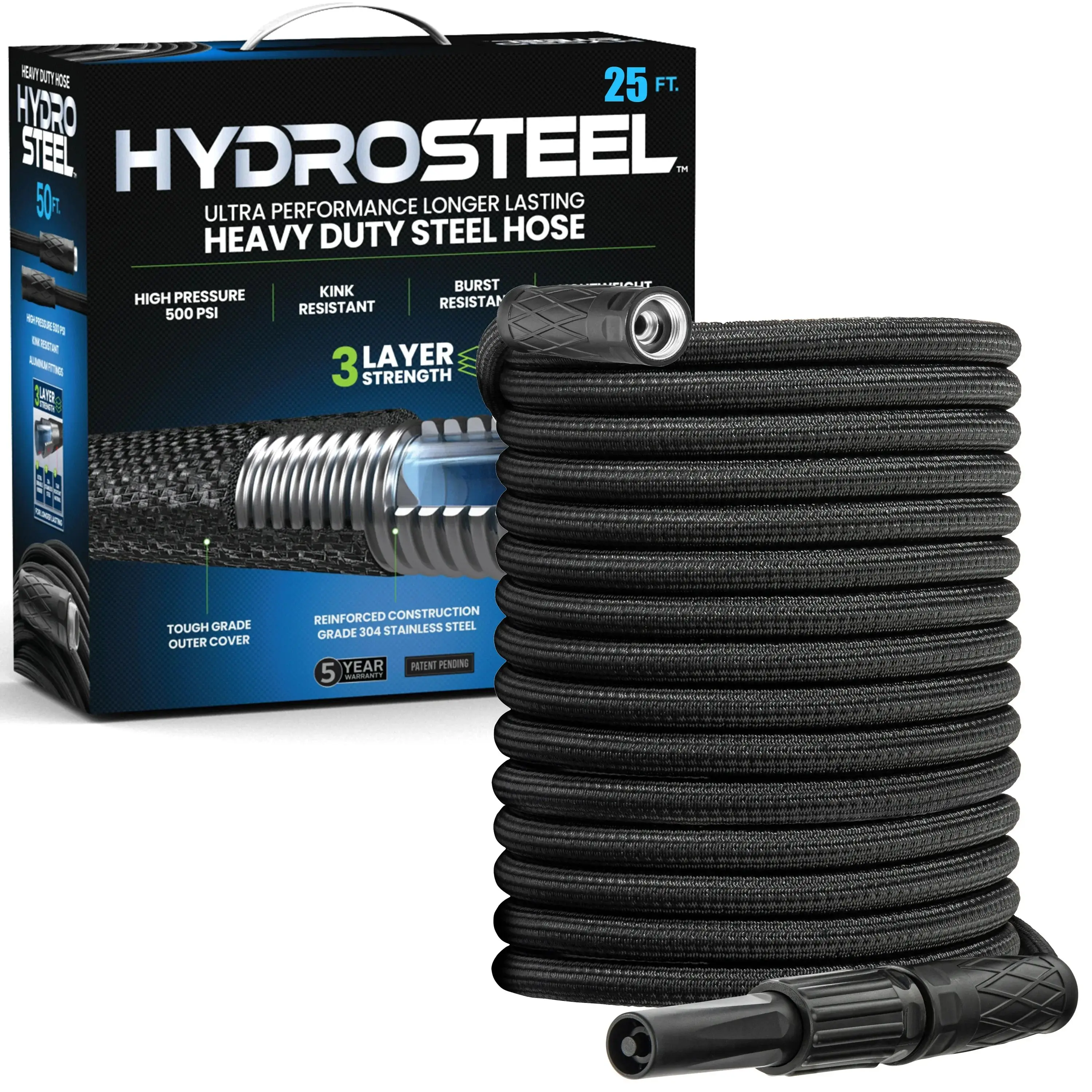 Hydrosteel Heavy Duty 3-Layer Garden Hose with Nozzle, Stainless Steel, Kink Resistant, Flexible 500 PSI Water Hose 50 ft., 100 ft.