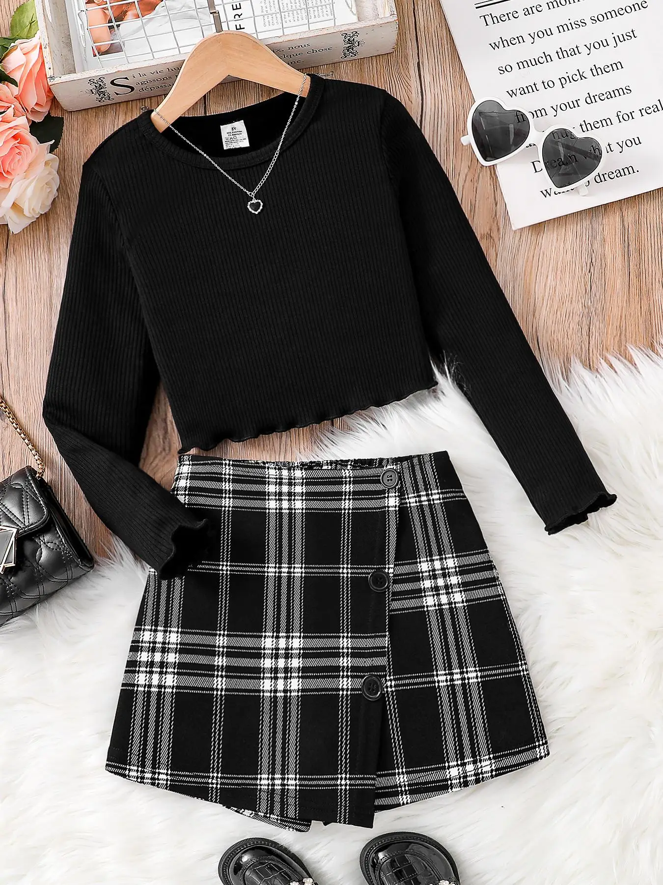 Girl's Solid Long Sleeve Top & Plaid Print Skirt Two-Piece Set, Casual Fashion Cozy Two Piece Outfits for Daily Outdoor Wear, Girls Set for Spring Fal
