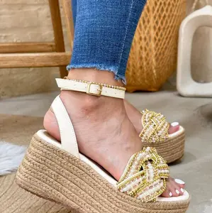 PEREZ 8 cm Wedge Sandals for Women Comfortable Soft Daily Wear with Beaded Knot Design Espadrille Sole Ideal for Walking Shoes - Girl