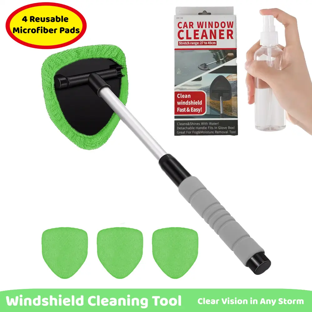 Microfiber Car Windshield Cleaning Tool with Extendable Handle,Car Defogging Glass Cleaning Brush with 4 Reusable Microfiber Pads 1 Spray Bottle and 1 Car Dust Removal Brush