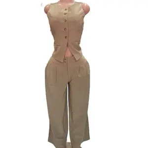 Set 2 Pieces Palazzo Womens Beige Sleeveless Button Front Top & High Waist Pants Ensemble