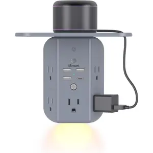 Wall Outlet Extender with Shelf and Night Light,Surge Protector,USB Wall Charger with 5 AC Outlets and 3 USB A Ports 1 USB C Outlet Wide Space 3-Sided Power Strip Multi Plug Outlets, Gray