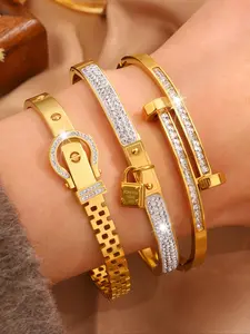 Elegant Fashionable Classic Rhinestone Bangle Combination, Stainless Steel Fashionable Single Item Niche Design, Suitable for Daily Wear and Gift Giving, Rhinestone Decorated Bangles