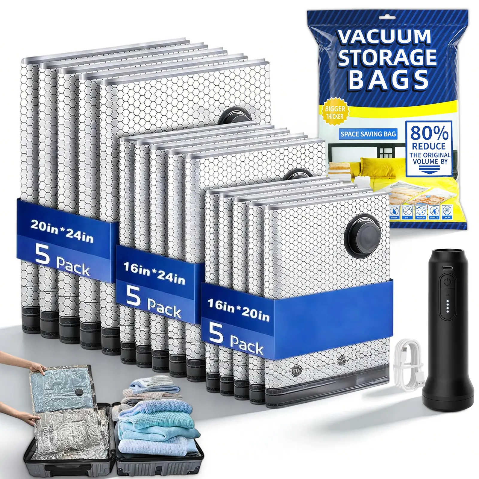 15-Pack Travel Vacuum Storage Bags with Palm-Size Grip Rechargeable Pump - PA+PE Blend, Dual Zipper Seal, Clothing Bag, Transparent View, Space Saver Fits 20" Luggage, Home Organizer Essential