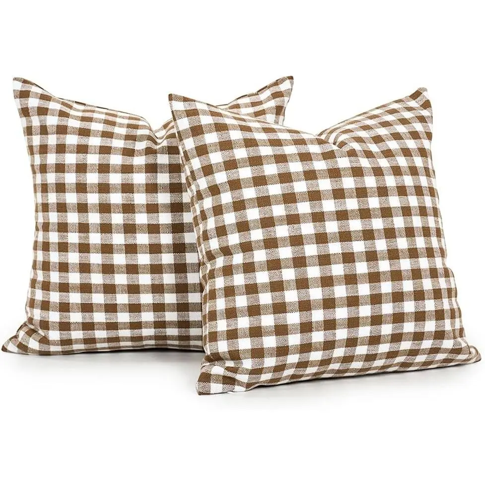 Farmhouse Brown and White Gingham Plaid Pillow Covers 18x18 inch Set Of 2, Vintage Brown Checkered Cushion Covers For Outdoor Furniture, Outdoor Buffalo Plaid Decor Throw Pillows (No Pillow Inserts)