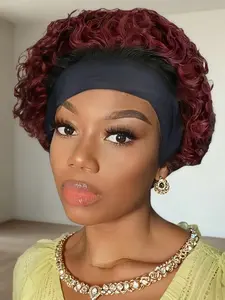  Bouncy Curly Headband Human Hair Wigs for Women Short Curly Pixie Cut Headband Half Wig Human Hair Machine Made Wigs
