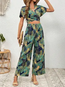 Women's Fashion Summer Tropical Plant Print Crop Top and High Waist Wide Leg Pants Vacation Set, 2 Piece, Casual Style, Fit, Perfect for Travel