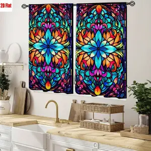 2D Flat 2Pcs Stained Glass Window Curtain with Vibrant Floral Pattern, Artistic Boho Decor, High Definition Printing, Decorative Light Filtering for Living Room Bedroom Home
