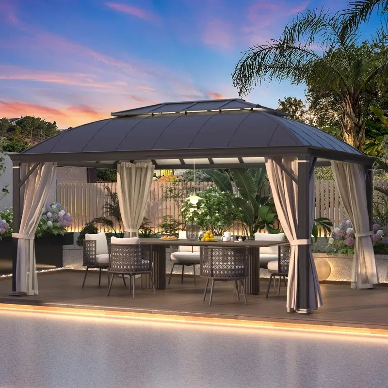 12'x14' Hardtop Gazebo, Permanent Outdoor Aluminum Patio Gazebo with Aluminum Composite Double Roof for Patio Lawn and Garden, Curtains and Netting Included