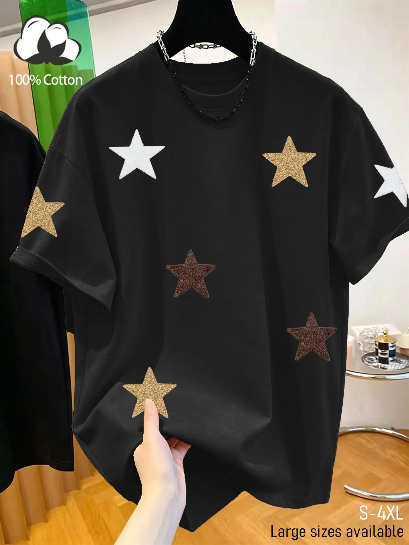 Unisex, Classic, Vintage, Graphic Tee Shirt, Street style, retro, heavyweight, 100% cotton, water-washed, distressed, oversized Round Neck T-shirt with star embroidery pattern, short sleeves, For Y2K, rock, hip-hop