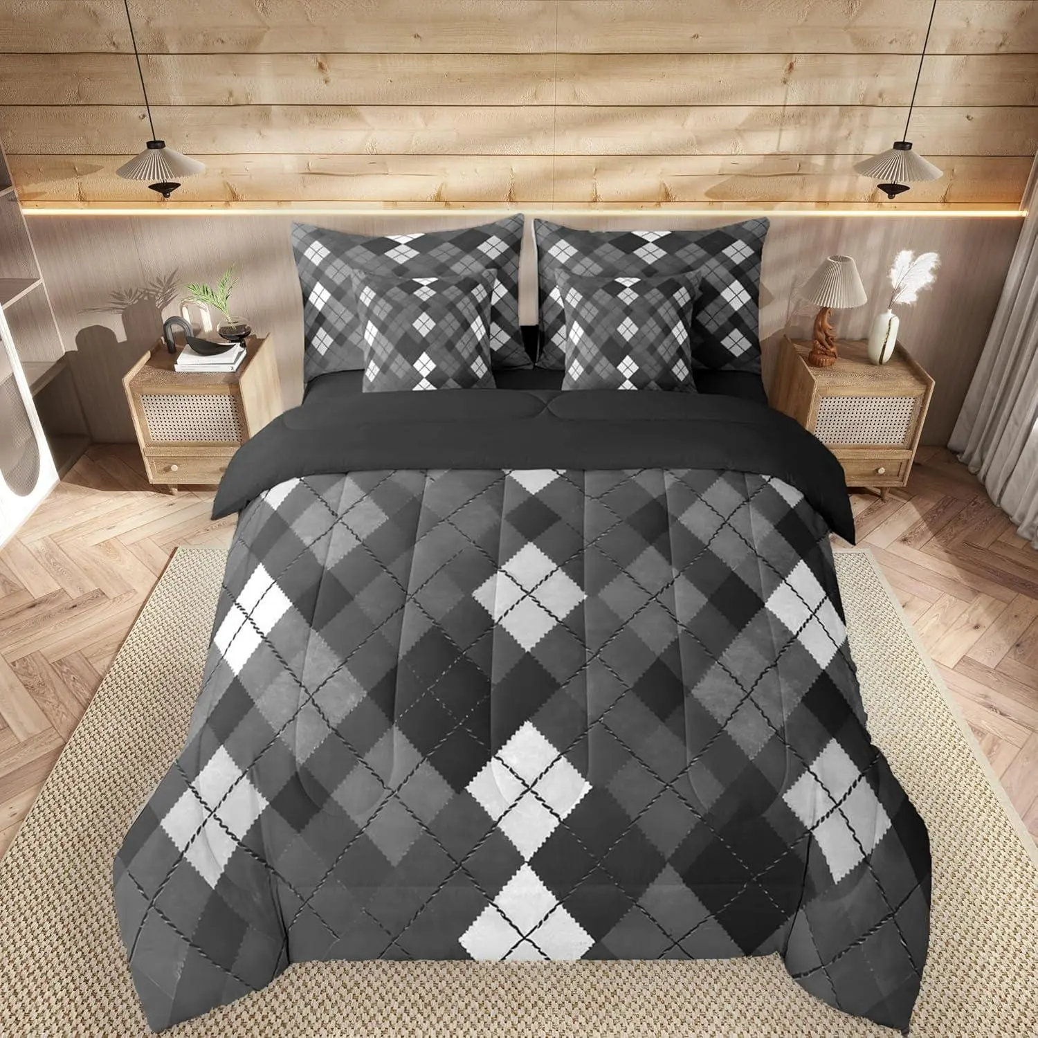 Plaid Comforter Set with Sheets for Kids Boys Girls Traditional Argyle Pattern 7 Pieces Bedding Set Black Checkered Striped Classical Bed in a Bag Room Decor Soft Lightweight Microfiber