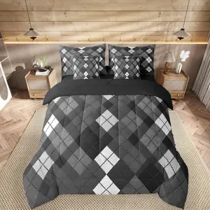 Plaid Comforter Set with Sheets for Kids Boys Girls Traditional Argyle Pattern 7 Pieces Bedding Set Black Checkered Striped Classical Bed in a Bag Room Decor Soft Lightweight Microfiber