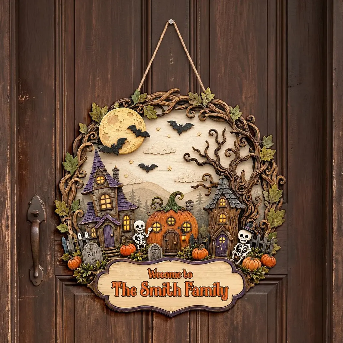 Personalized Haunted House Wooden Door Sign, Custom Family Name Welcome Sign, Spooky Front Door Decor, Pumpkin Skeleton Sign, Halloween Gift