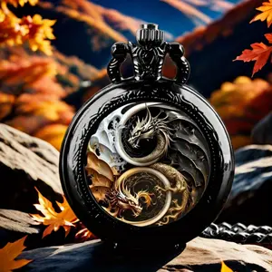 Creative Fashion Dragon Cool Black Quartz Pocket Watch, Necklace Pendant For Men Christmas birthday present
