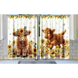 1/ 2/3Pcs Highland Cow Kitchen Curtains For Windows Highland Cow Sunflower Decor Short Curtain For Bedroom Window Treatment Decor Party Favor Supplies, Home Decor, Farmhouse Home Decor